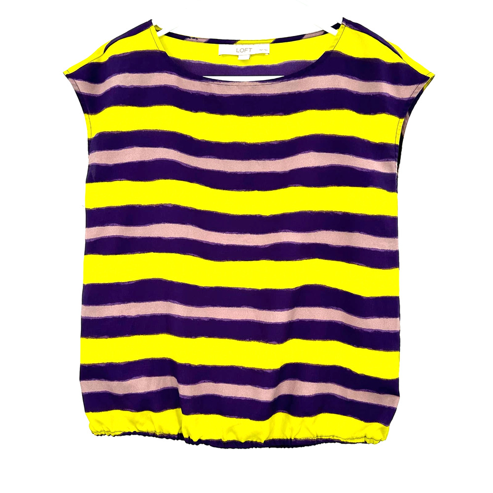 Loft size XS petite yellow purple striped short sleeve blouse top shirt